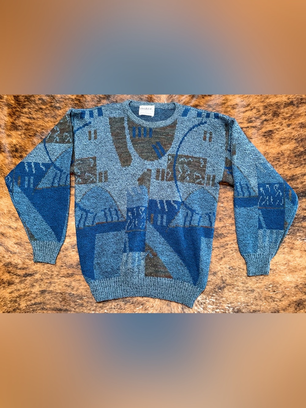 Vintage Collage Geometric Color Blue Black Block Sweater Womens Lg 70s 80’s